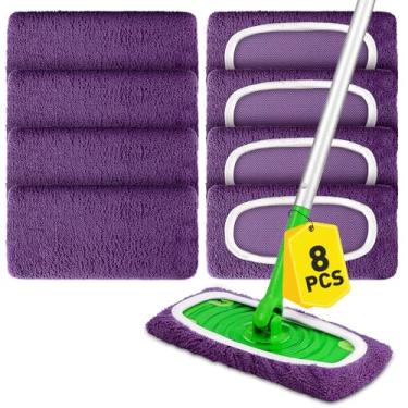 Imagem de Almofadas de esfregão de microfibra, 8 peças roxas reutilizáveis compatíveis com Swiffer Sweeper, capa de esfregão plana seca e refil de almofadas molhadas laváveis para limpeza de chão