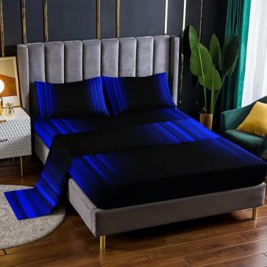Imagem de Nttopship Jogo de cama casal azul e preto, 4 peças, abstrato, ombré, com bolsos profundos de 41 cm, decoração de quarto ombré, abstrato, 4 peças (1 lençol + 1 lençol + 2 fronhas)