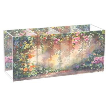 Imagem de SEHANY Porta-canetas de parede vintage de jardim para mesa, 4 compartimentos, porta-lápis de acrílico, organizador de pincéis de maquiagem, organizador de papelaria para escritório, casa