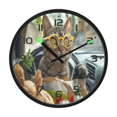 Imagem de SEHANY Relógio de parede engraçado para dirigir gato, silencioso, sem tique-taque, operado por bateria, controle de som, luz noturna, relógios de parede para sala de estar, cozinha, quarto, escritório