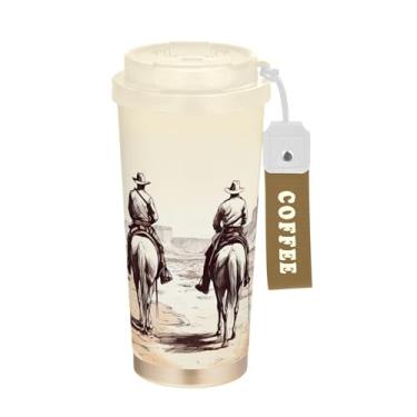 Imagem de SEHANY Caneca de viagem vintage caubói ocidental 482 g xícaras de café reutilizáveis revestidas de cerâmica com tampa à prova de vazamento, parede dupla, isolamento a vácuo, copo de café de aço