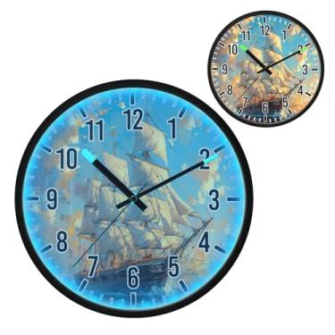 Imagem de Blueangle Relógio de parede com luz noturna LED que brilha no escuro e ativado por voz, silencioso, 30 cm, grande design de navio clipper operado por bateria para decoração de quarto e sala de estar