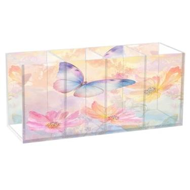 Imagem de SEHANY Porta-canetas de acrílico com flores de borboleta coloridas, 4 compartimentos, porta-lápis transparente, organizador de pincéis de maquiagem, organizador de papelaria para escritório, casa
