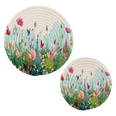 Imagem de Blueangle 2 peças de suporte de panela em aquarela para jardim de verão - conjunto de pegadores de panela de tecido redondo - almofadas quentes trançadas de algodão - porta-copos - tapetes de mesa