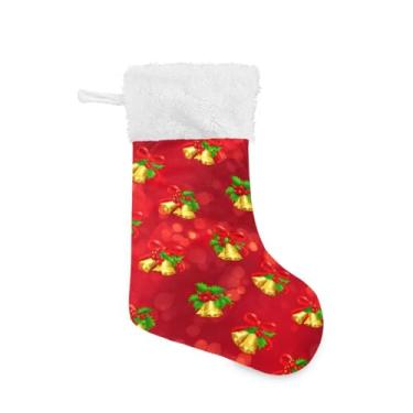 Imagem de GakkiGii Meia grande de Natal com sinos de Natal, decoração de Natal suspensa para parede de árvore de lareira, 45 x 31 cm