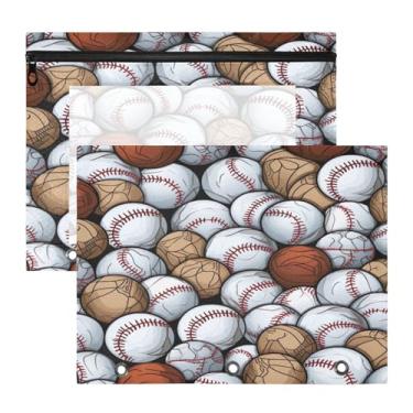 Imagem de ATTX Pacote com 2 bolsas de fichário com padrão de bolas de beisebol – Bolsa impermeável com zíper de 3 anéis com janela transparente, acessórios de material de escritório para estojos de lápis e