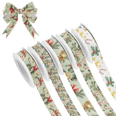 Imagem de SEHANY 5 rolos de fita de Natal 0,59 polegadas 5 jardas fitas de tecido de árvore de Natal fitas de cetim festivas fitas decorativas de Natal para embrulho de presente faça você mesmo artesanato