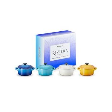 Imagem de Cocottes Mini Riviera Kit 4 Peças Branco Meringue, Amarelo Néctar, Azul Caribe e Azul Azure Blue Le Creuset