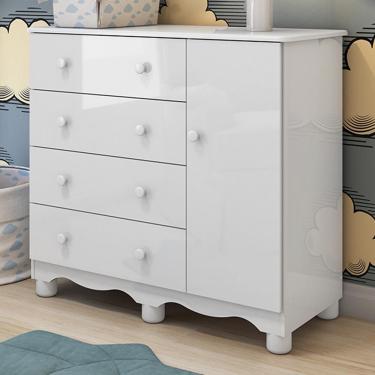 Imagem de Cômoda Infantil Júnior New 1 Porta 4 Gavetas em MDF com Puxador Plástico Branco Brilhan...