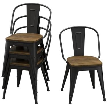 Imagem de Homvinax Conjunto de 4 cadeiras de jantar de 45,7 cm, cadeiras de metal de fazenda com encosto alto e assento de madeira, bancos de bar industriais empilháveis para sala de jantar (preto)