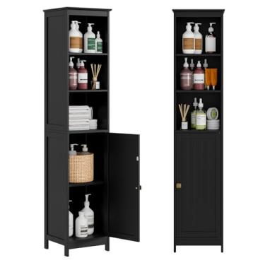 Imagem de RRX Armário de banheiro alto, armário de banheiro fino com porta e prateleira, 35 cm C x 32 cm L x 161 cm A, armário estreito independente com antiponta, armazenamento para cozinha, entrada, preto