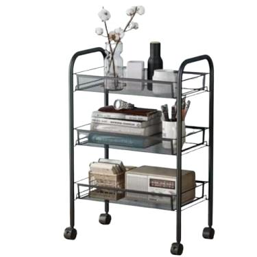 Imagem de Carrinho Organizador com 3 Prateleiras e Rodinhas, Metal Preto Fosco, 44x25,5x63cm, Estilo Moderno, para Cozinha e Despensa Multiuso