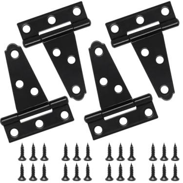 Imagem de Wopanxye Pacote com 4 dobradiças em T resistentes de 2 polegadas (45 mm), dobradiças de porta de madeira pretas com 6 furos com parafusos, ângulo aberto de 270, revestimento à prova de ferrugem, para