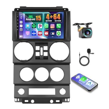 Imagem de Rádio estéreo automotivo 4+64G para Jeep Wrangler (4 portas) 2007-2010 com CarPlay sem fio Android Auto, tela sensível ao toque Android de 9 polegadas para Jeep Wrangler estéreo de carro com Bluetooth