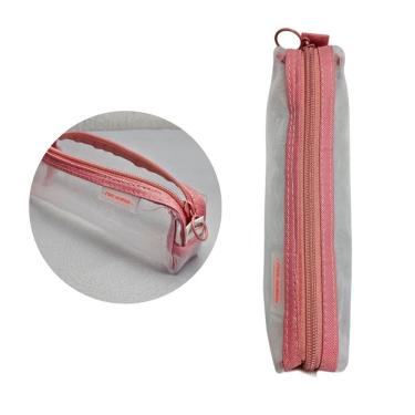 Imagem de Estojo Transparente Rosa Premium Escolar Organizador Caneta Menina Volta as Aulas Moderno Fofo Kwaii