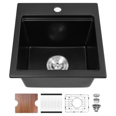Imagem de Davivy Estação de trabalho de pia de barra de granito pequena de 38 cm, pia composta de granito de quartzo preto 38 x 38 cm, pia de cozinha de barra úmida de 25 cm de profundidade com acessórios para