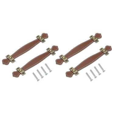 Imagem de PATIKIL Puxadores de gaveta de couro de 20 cm com folha de ferro, 4 peças de alça de couro, puxadores de armário de substituição com parafusos de 22 mm para bagagem, porta de cômoda, marrom claro