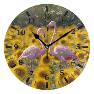 Imagem de CEBUGI Relógio de parede flamingos girassol operado por bateria relógios redondos silenciosos sem tique-taque relógios de parede para cozinha, banheiro, quarto, escritório, decoração 25,4 cm