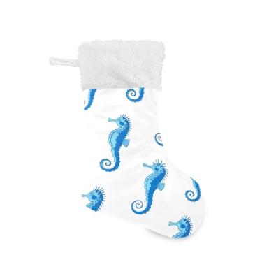 Imagem de Wassud Meia de Natal fofa com punho branco, cavalos-marinhos azuis, 45,7 cm, grande, para decoração de lareira e cornija, pacote com 2
