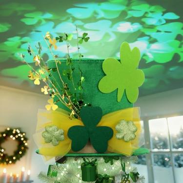Imagem de Glooglitter Chapéu de topo de árvore do dia de São Patrício com projetor, chapéu de veludo de trevo verde grande, decoração de duende com luz LED rotativa trevo verde para decoração de casa irlandesa
