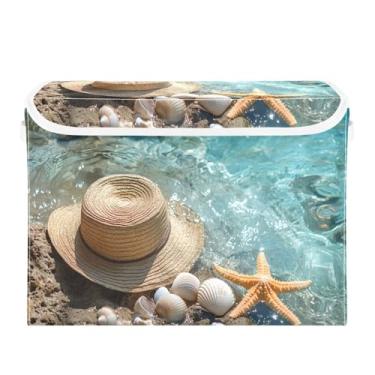 Imagem de STAYTOP Chapéu de palha na praia, cesto de armazenamento dobrável com tampa, caixa de armazenamento decorativa, organizador de recipientes, cestas de armazenamento para quarto, armário, sala de estar