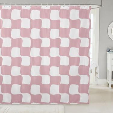 Imagem de jejeloiu Cortina de chuveiro quadriculada para decoração de banheiro cortina de banho xadrez búfalo para barracas banheiras rosa branco acessórios de banheiro geométrico tecido de poliéster