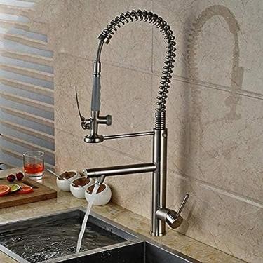 Imagem de Torneira de latão sólido alta rotação bocal duplo mola torneira de cozinha agitador de mola escova níquel deck instalação