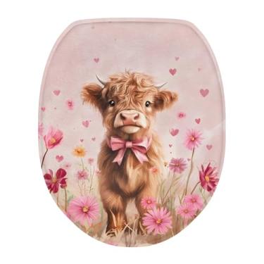 Imagem de Uorisanigo Capa de tampa de assento de vaso sanitário oval alongada vaca highland rosa floral capa de assento de vaso sanitário apenas tampa de vaso sanitário universal capa de poeira decorações de