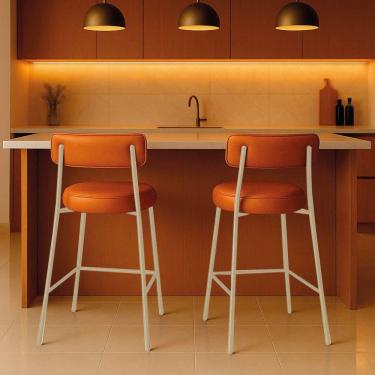 Imagem de Banqueta Cozinha Alta Com Encosto Industrial Champanhe Kit 2 Londres Pu Whisky D03 - D`rossi