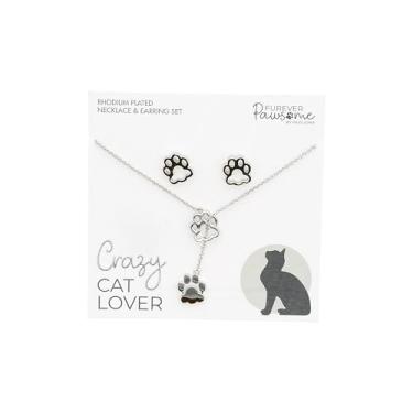 Imagem de Pavilion Gift Company - Crazy Cat Lover - Brincos e pingente com estampa de pata e colar gatinho gato mãe, 18.25", Latão com revestimento de ródio, Sem Pedra Preciosa