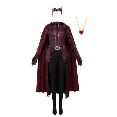 Imagem de Kaziuoi Women Halloween Witch Cosplay Costume Red Jumpsuit With Headpiece Hooded Cloak Necklace Outfits (Red-Women, X-Small)