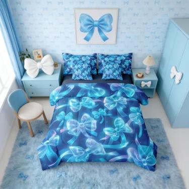 Imagem de Erosebridal Conjunto de edredom com laço azul coquete para crianças, meninas, decoração de laço, cama em uma bolsa, tamanho solteiro, 7 peças, conjunto de cama com gravata borboleta feminina