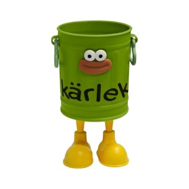 Imagem de Lindo organizador de mesa de desenho animado, design de mini lata de lixo de metal verde, suporte multiuso para canetas, pincéis, materiais de escritório com rosto divertido de personagem