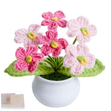 Imagem de NUKAYAI Flores de crochê lindas feitas à mão em vaso de tricotado rosa, presente de flores para mulheres, aniversário, aniversário, Natal, professor, decoração para mesa, carro, painel, casa, quarto
