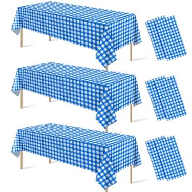Imagem de 6 peças de toalha de mesa xadrez azul e branca, toalha de mesa xadrez azul de plástico descartável, capa de mesa xadrez búfalo para chá de bebê, casamento, festa de aniversário, 137 x 272 cm