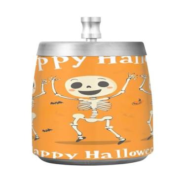 Imagem de Qilmy Cinzeiro de aço inoxidável de esqueleto fofo de desenho animado com tampa - Cinzeiro de cigarro à prova de vento sem cheiro sem fumaça para casa, escritório, carro, pátio, varanda (uso interno e