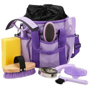 Imagem de Cunhill Kit de cuidados com cavalos, conjunto com sacola, curry de massagem oval, escova dura e macia, palito de casco, raspador de suor, esponja de banho, pente para iniciantes (clássico, roxo)
