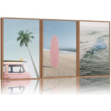Imagem de Tinonedraw Arte de parede em tela emoldurada de praia de oceano grande, decoração de parede de prancha de surfe costeira de verão, arte de carro rosa palmeira, arte moderna de surfe marítimo para sala