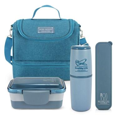 Imagem de Kit Bolsa Térmica 2 Andares, Marmita, Porta Talheres E Porta Escova Azul