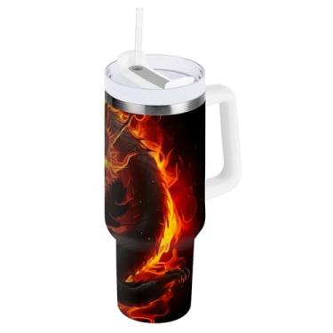 Imagem de ODAWA Copo de café grande de viagem com canudo e alça, copo isolado de parede dupla preto dragão de fogo