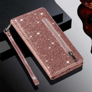 Imagem de Capa de couro com zíper, glitter e compartimento para cartões, para Xiaomi 14T Redmi 15C 14C 13C 12C Note 14 Pro+ 14S 13 12 11 10 Pro, ouro rosa, para Redmi Note 9 Pro