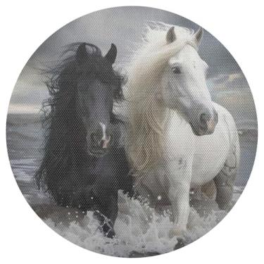 Imagem de Conjunto de 1 jogo americano redondo de PVC durável preto e branco cavalos 38 cm, à prova de calor, mesa de jantar