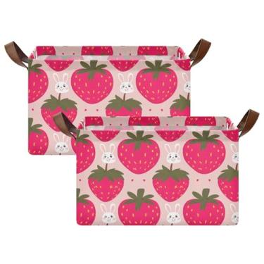 Imagem de Grandes caixas de armazenamento decorativas com alças, 42,9 x 29 x 25,4 cm, recipientes organizadores de prateleiras, vermelho, coelho, morango, para roupas, pacote com 2