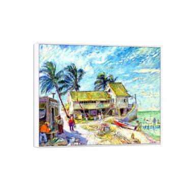 Imagem de BMZFYBS David Burliuk Impressões em tela famosas de arte de parede prontas para pendurar. Estação de pesca. Pintura com moldura branca para decoração de sala de estar 30 x 35 cm 12 x 13 polegadas