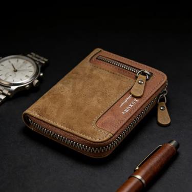 Imagem de Carteira masculina curta, fecho de zíper e vários compartimentos para cartões, carteira de couro costurada à mão com bolso para moedas, carteira dupla compacta marrom com bloqueio de RFID para uso