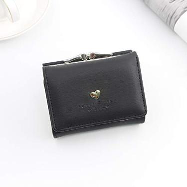 Imagem de Carteira feminina de couro genuíno com dobra dupla/tripla - Suporte minimalista para cartão de crédito com bloqueio de RFID e bolso para moedas, Preto, Casual