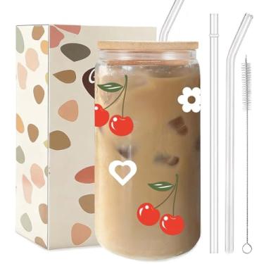 Imagem de TAGDANK Copo de vidro com corações florais cereja e branco, copo fofo de 473 ml com tampa de plástico e canudos, xícara de café gelada estética para mulheres, ideia de presente de aniversário, Natal