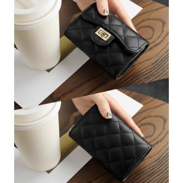 Imagem de Carteira feminina de couro genuíno com dobra dupla/tripla - Suporte minimalista para cartão de crédito com bloqueio de RFID e bolso para moedas, Preto, Casual