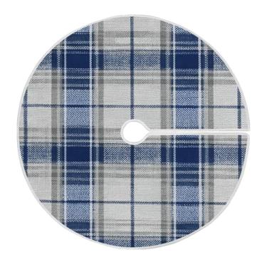 Imagem de Nesatuwa Saia de árvore de Natal xadrez azul escuro cinza 121 cm redonda de veludo para árvore de Natal, tapete para decoração de festas de fim de ano