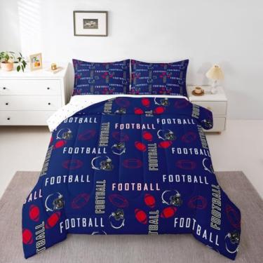 Imagem de jejeloiu Conjunto de cama de futebol americano, tamanho solteiro, Nova York, para decoração de quarto de meninos e meninas, adolescentes, azul, vermelho, respirável, microfibra leve